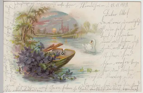 (111076) AK Grüße, Boot u. Blumen am Teich, 1903