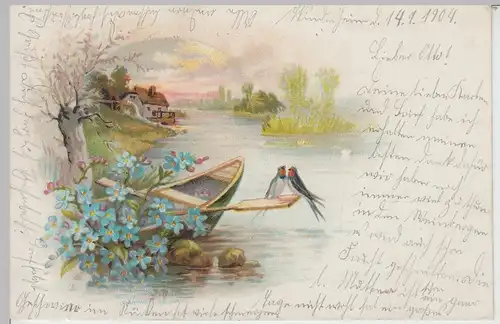 (111075) AK Grüße, Boot u. Blumen am Mühlenteich, 1904