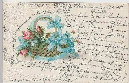 (111065) AK Grüße, Blumenkörbchen, Prägekarte 1905 Bahnpost