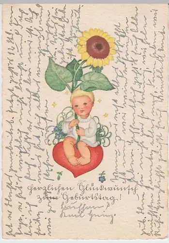 (51928) AK Glückwunsch zum Geburtstag, Kind m. Sonnenblume, vor 1945