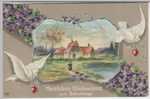(45924) AK Geburtstag, Tauben mit Herz, Haus am See, Prägekarte 1909