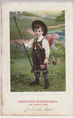 (23294) AK Geburtstag, kl. Junge mit Lederhose, Stab und Blüten 1910