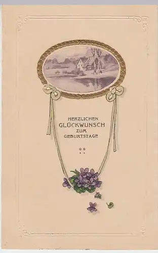 (21166) AK Geburtstag, Prägekarte, Veilchen, Haus am Wasser 1917