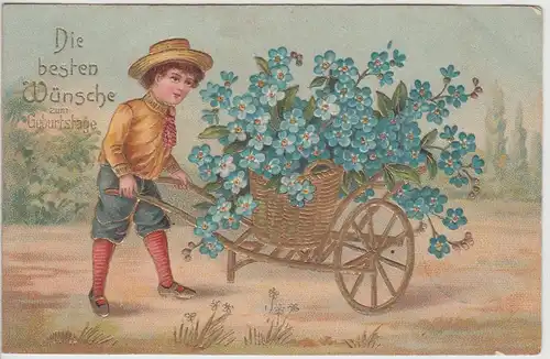 (114759) AK Glückwunsch zum Geburtstag, Junge mit Blumen-Schubkarre 1906