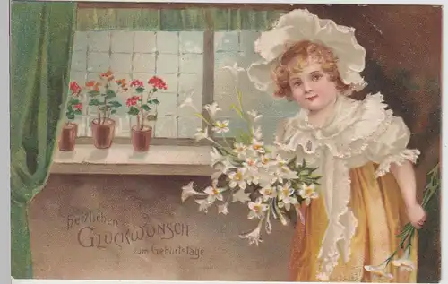 (113858) Künstler AK Geburtstag, Mädchen mit Blumen, Prägekarte 1906