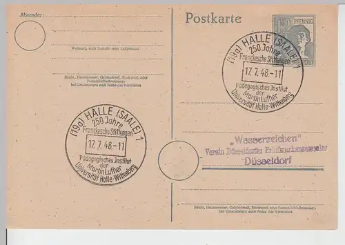 (111252) Ganzsache m. SSt Halle a.S. 250 J. Franckesche Stiftungen 1948