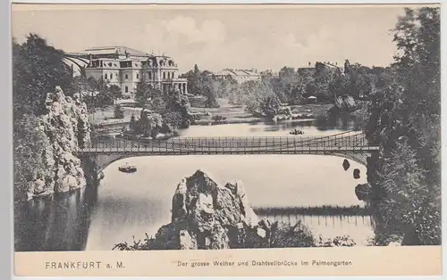 (114411) AK Frankfurt a.M., Palmengarten, Weiher u. Drahtseilbrücke um 1900
