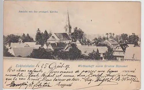 (107599) AK Eckbolsheim, Ansicht m. Kirche, Wirthschaft zuem Gruene Bäeumel, 190
