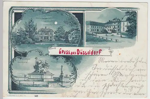 (85298) AK Gruss aus Düsseldorf, Mehrbild- Mondschein Litho 1899