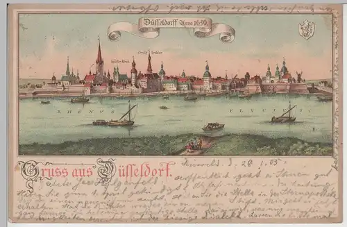 (76697) AK Gruss aus Düsseldorf, Stadtansicht anno 1650, Karte von 1905