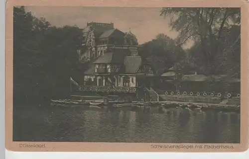 (71949) AK Düsseldorf, Schwanenspiegel mit Fischerhaus, 1919