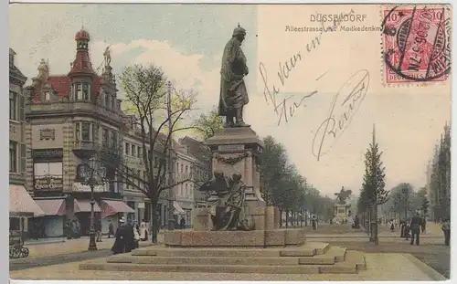(42991) AK Düsseldorf, Alleestraße mit Moltkedenkmal 1905