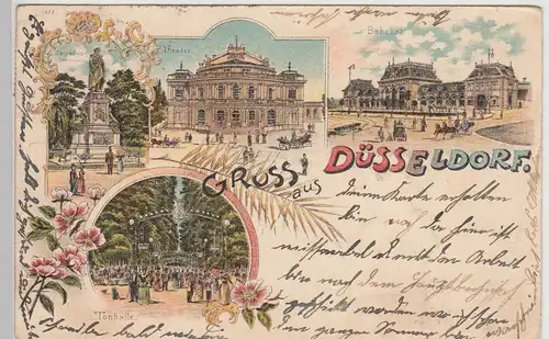 (115107) AK Gruss aus Düsseldorf, Bahnhof Theater Tonhalle, Litho 1900