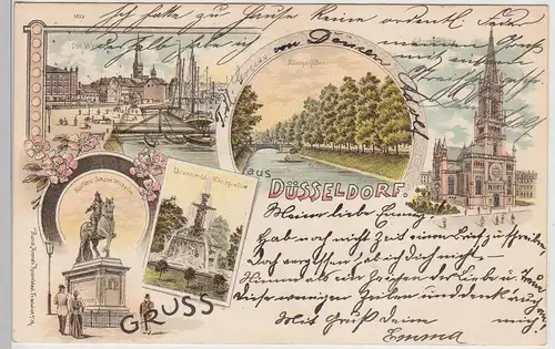 (113645) Künstler AK Gruß aus Düsseldorf, Werft, Brunnen Königsallee 1897