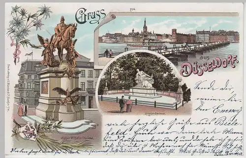 (113628) Künstler AK Gruß aus Düsseldorf, Kriegerdenkmal, Wappen 1897