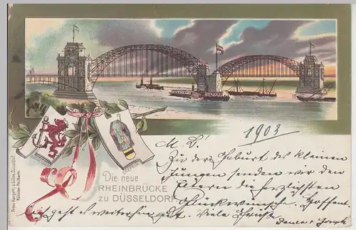 (103224) AK Düsseldorf, die Neue Rheinbrücke, Litho 1903