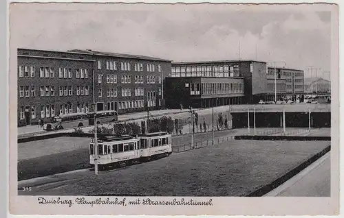 (115626) AK Duisburg, Hauptbahnhof m. Straßenbahn, Bus m. Hänger 1941
