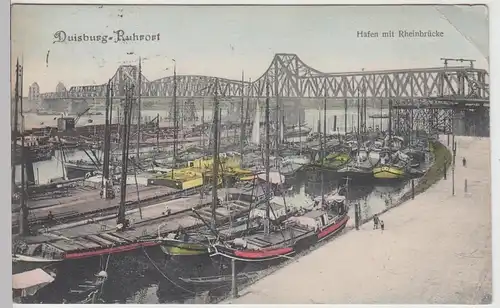 (111819) AK Duisburg, Hafen, Rheinbrücke, Kähne 1907