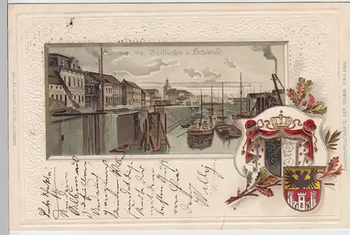 (109188) Künstler AK Duisburg, Zollhafen, Schleuse, Wappen, Prägekarte, bis 1905