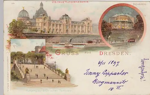 (93250) AK Gruß aus Dresden, Kunstakademie, Belvedere, Litho 1897