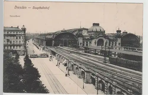 (77664) AK Dresden, Hauptbahnhof mit Union-Hotel, vor 1920