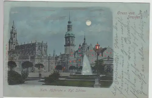 (115008) AK Gruß aus Dresden, Hofkirche, Schloss, Mondscheinkarte 1900