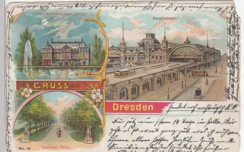 (113246) Künstler AK Gruß aus Dresden, Herkules Allee, Hauptbahnhof 1903