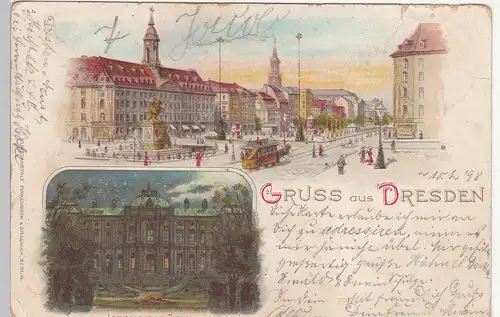 (113237) Künstler AK Gruß aus Dresden, Japanisches Palais, Goldener Reiter 1898