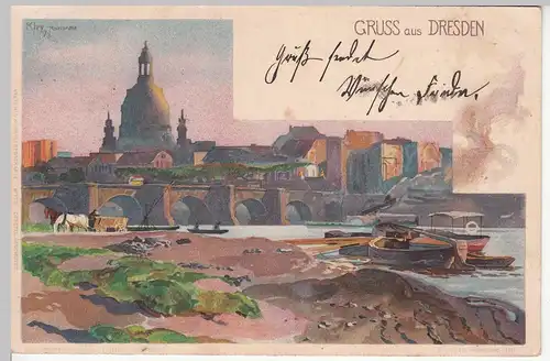 (113229) Künstler AK Kley, Gruß aus Dresden, Litho., Frauenkirche, gel. 1908