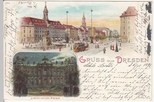 (113227) Künstler AK Gruß aus Dresden, Japanisches Palais, Goldener Reiter 1898