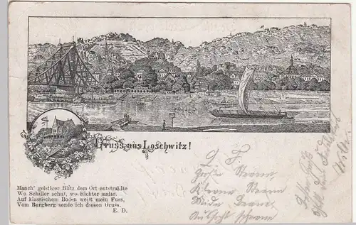 (113225) Künstler AK Gruß aus Loschwitz, Dresden, Burgberg, Blaues Wunder 1898