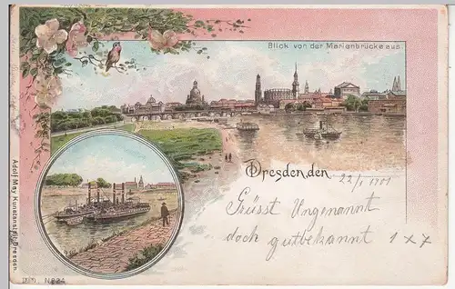 (113223) Künstler AK Dresden, Blick von der Marienbrücke, Raddampfer 1901