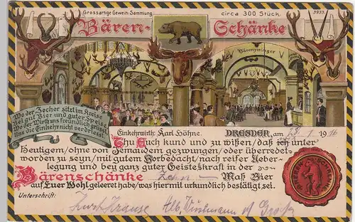 (113222) Künstler AK Dresden, Bärenschänke, Inneres, Feldpost 1916