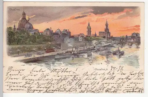 (113221) Künstler AK Dresden, Raddampfer, Kath. Kirche, Frauenkirche, Oper 1898