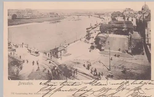 (112466) AK Dresden, Treppe Brühlsche Terrasse, Straßenbahn, um 1903