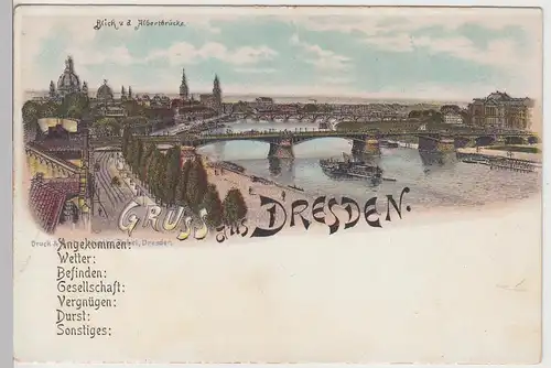 (111934) AK Gruss aus Dresden, Blick von der Albertbrücke Litho um 1900
