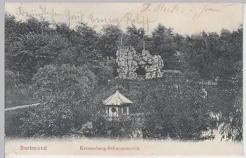 (95086) AK Dortmund, Kronenburg, Grotte, Schwanenteich, Bahnpost 1909