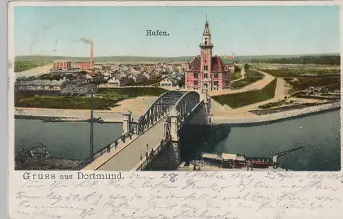 (112096) AK Gruß aus Dortmund, Hafen, Brücke 1901