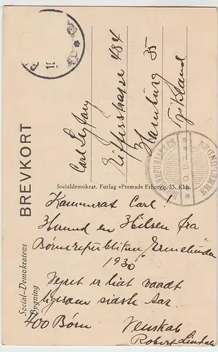 (53704) AK Dänemark, Haus d. Social-Demokraten, Stempel Ermelunden, vor 1945