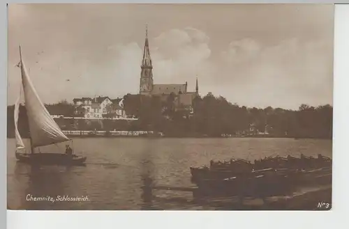 (76292) Foto AK Chemnitz, Schlossteich, Schlosskirche, Segelboot 1928