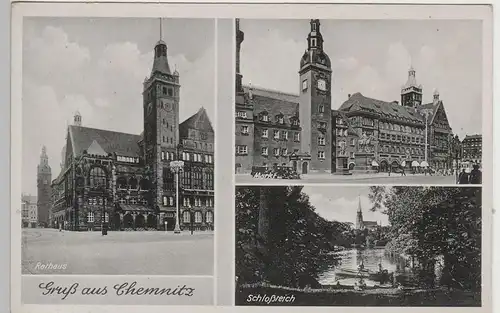 (73675) AK Chemnitz, Sachs., Altes u. Neues Rathaus, Schlossteich, v. 1945