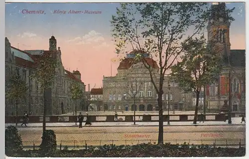 (19394) AK Chemnitz, König Albert Museum, Oper, Petrikirche, Feldp. 1916