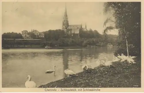 (16) AK Chemnitz, Schlossteich mit Schlosskirche, Feldpost 1915