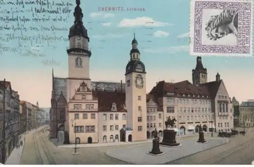(1187) AK Chemnitz, Rathaus, Reklamemarke 1911