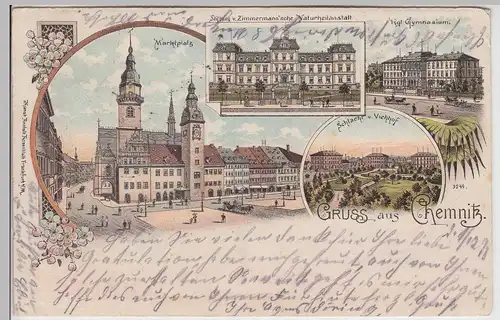 (114407) AK Chemnitz, Markt, Gymnasium, Heilanstalt, Litho 1902