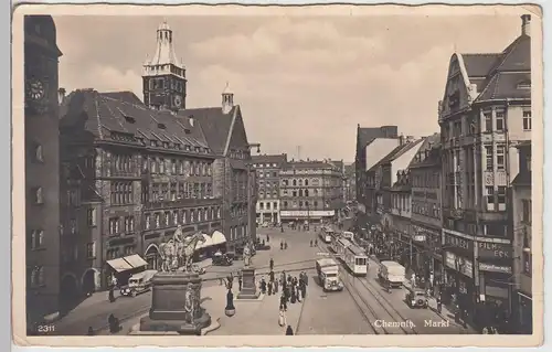 (113589) Foto AK Chemnitz, Markt, Straßenbahn, Denkmal, Film Eck, vor 1945