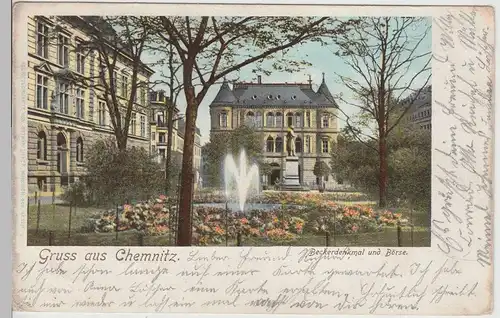 (113000) AK Gruss aus Chemnitz, Beckerdenkmal u. Börse 1906