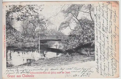 (112446) AK Gruß aus Chemnitz, Schlossteich, Brücke, Insel 1901
