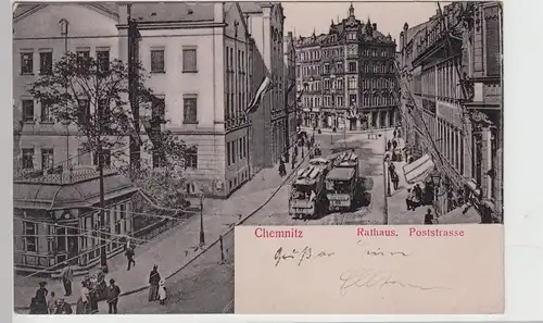 (111906) AK Chemnitz, Rathaus, Poststraße, Straßenbahn 1913