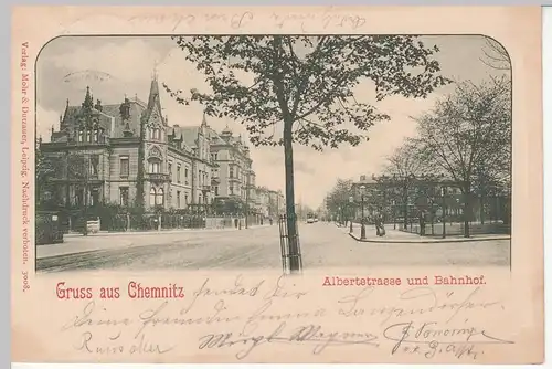 (110444) AK Gruss aus Chemnitz, Albertstraße und Bahnhof, um 1900